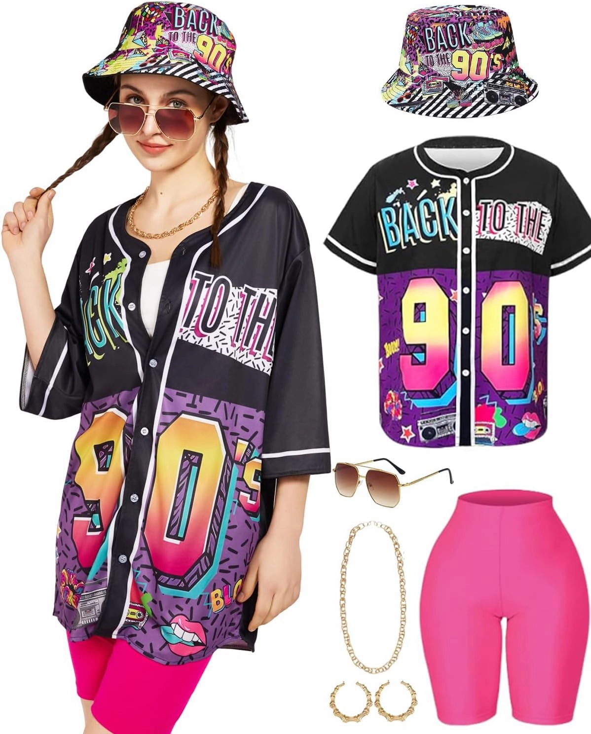 80s 90s Outfit for Women 90s Themed Party Outfits Baseball Jersey Shirts Hippop Clothes 80s Costume Accesories