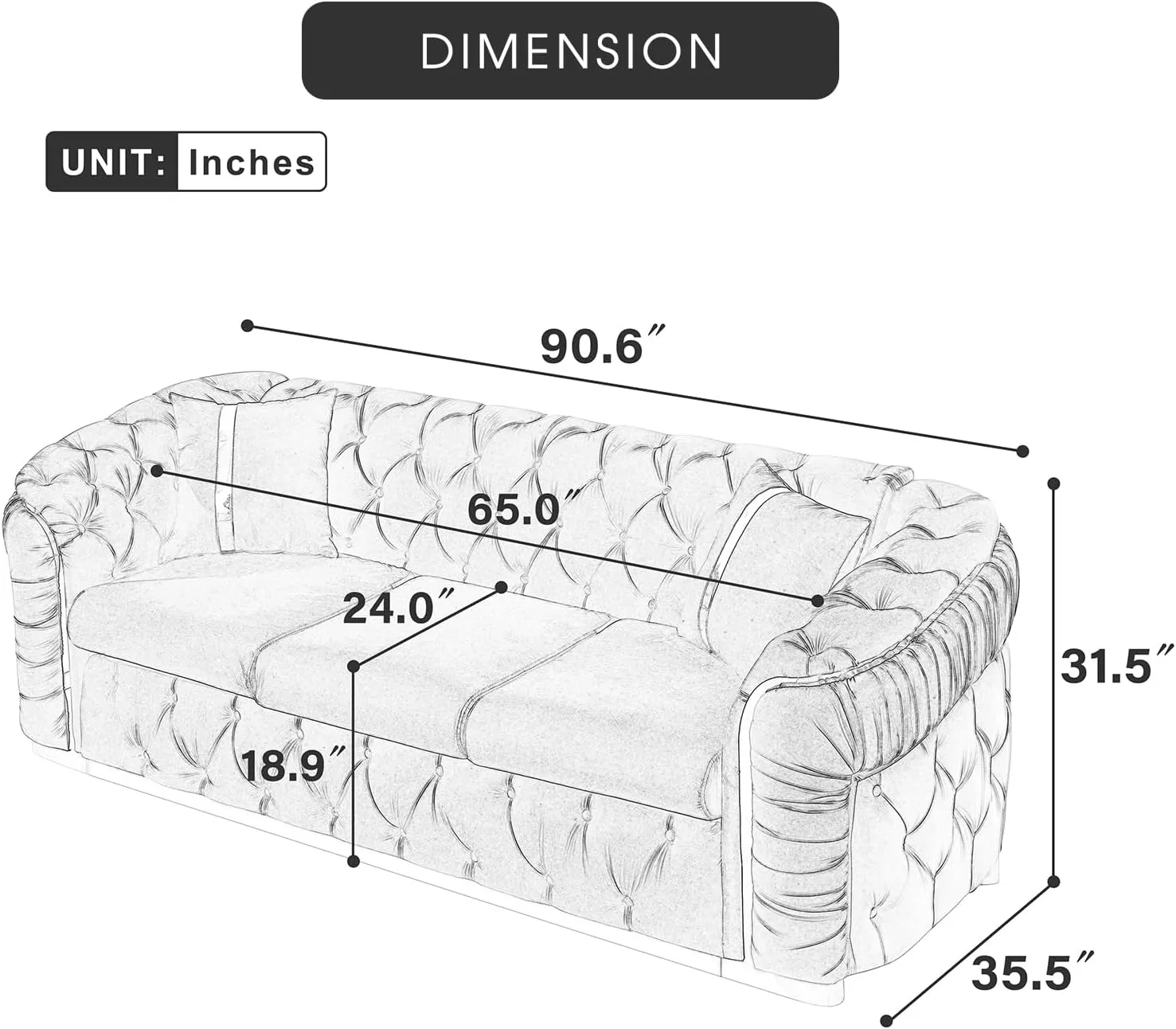 91" Velvet Upholstered Luxury Vintage Chesterfield Sofa, Button Tufted 3 Seater Couch Set with Gold Steel, Living Room Furniture, Skirt Design on Curved Armrests with 2 Throw Pillows (Black, 1 PC)