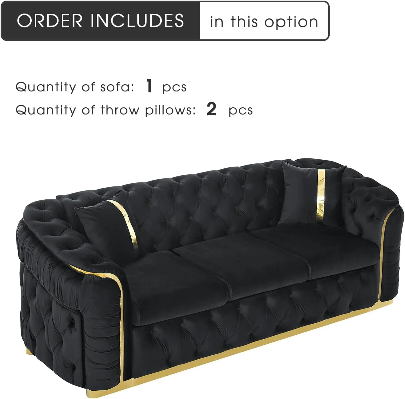 91" Velvet Upholstered Luxury Vintage Chesterfield Sofa, Button Tufted 3 Seater Couch Set with Gold Steel, Living Room Furniture, Skirt Design on Curved Armrests with 2 Throw Pillows (Black, 1 PC)