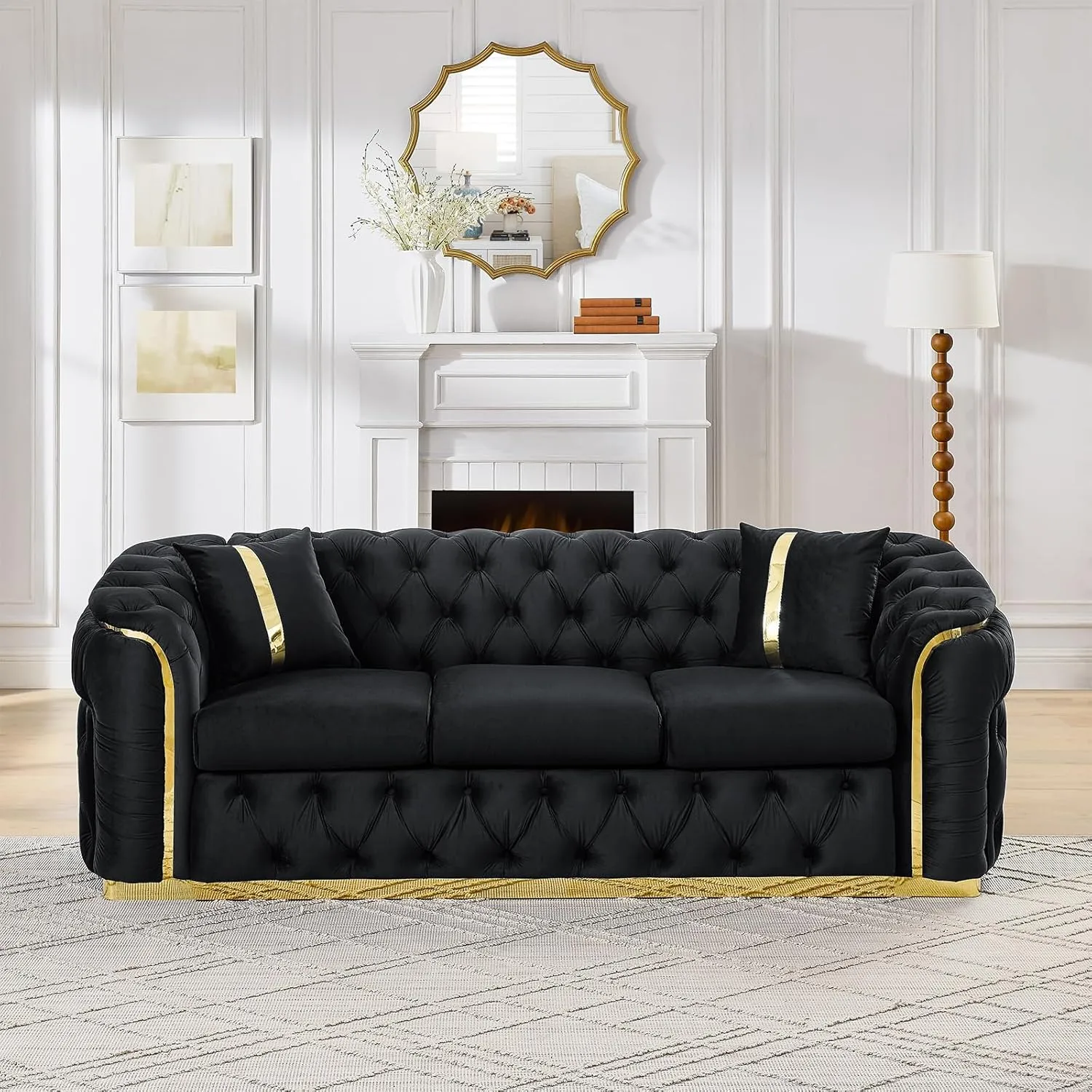 91" Velvet Upholstered Luxury Vintage Chesterfield Sofa, Button Tufted 3 Seater Couch Set with Gold Steel, Living Room Furniture, Skirt Design on Curved Armrests with 2 Throw Pillows (Black, 1 PC)