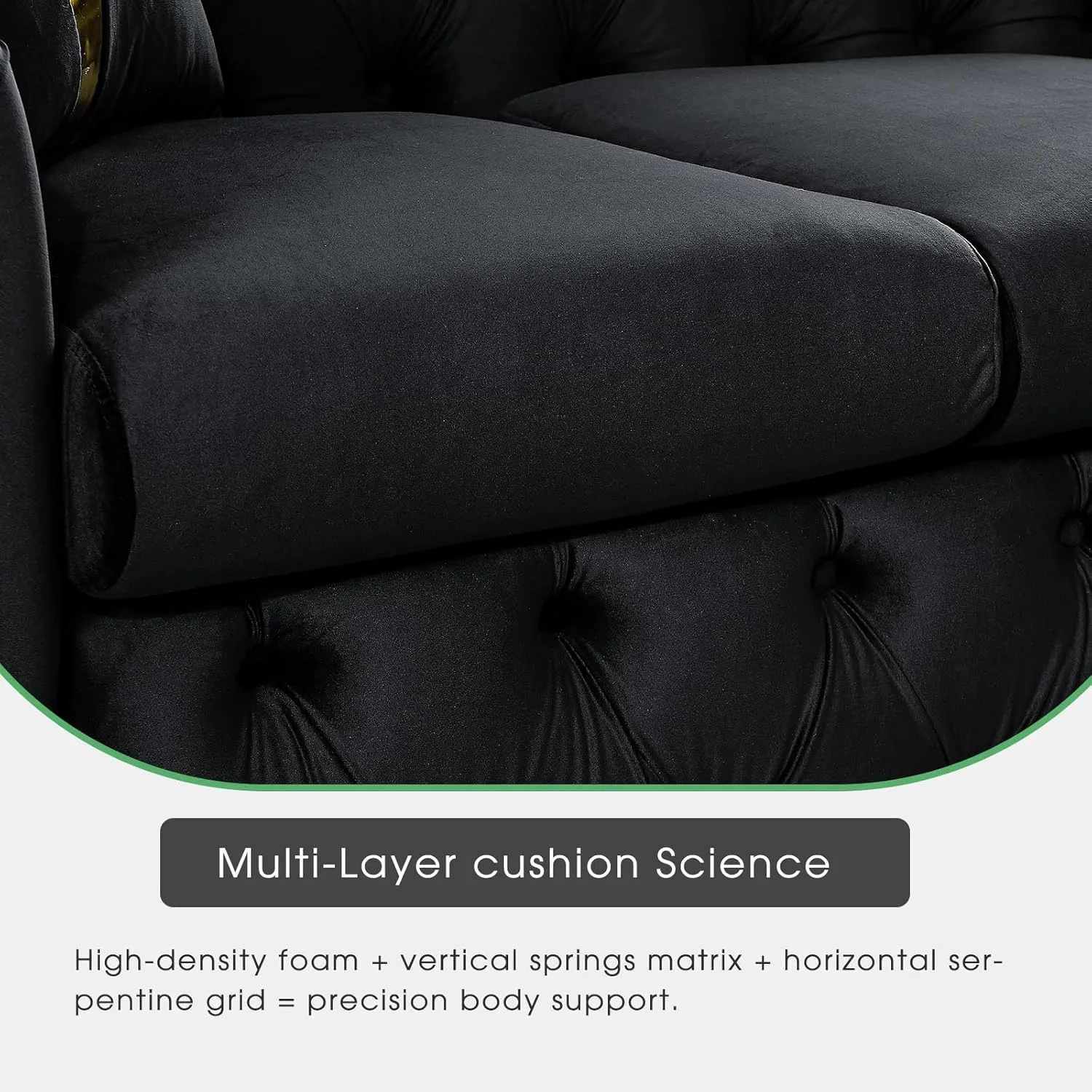 91" Velvet Upholstered Luxury Vintage Chesterfield Sofa, Button Tufted 3 Seater Couch Set with Gold Steel, Living Room Furniture, Skirt Design on Curved Armrests with 2 Throw Pillows (Black, 1 PC)