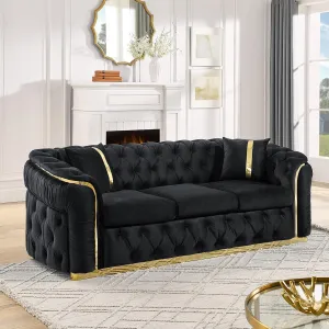 91" Velvet Upholstered Luxury Vintage Chesterfield Sofa, Button Tufted 3 Seater Couch Set with Gold Steel, Living Room Furniture, Skirt Design on Curved Armrests with 2 Throw Pillows (Black, 1 PC)