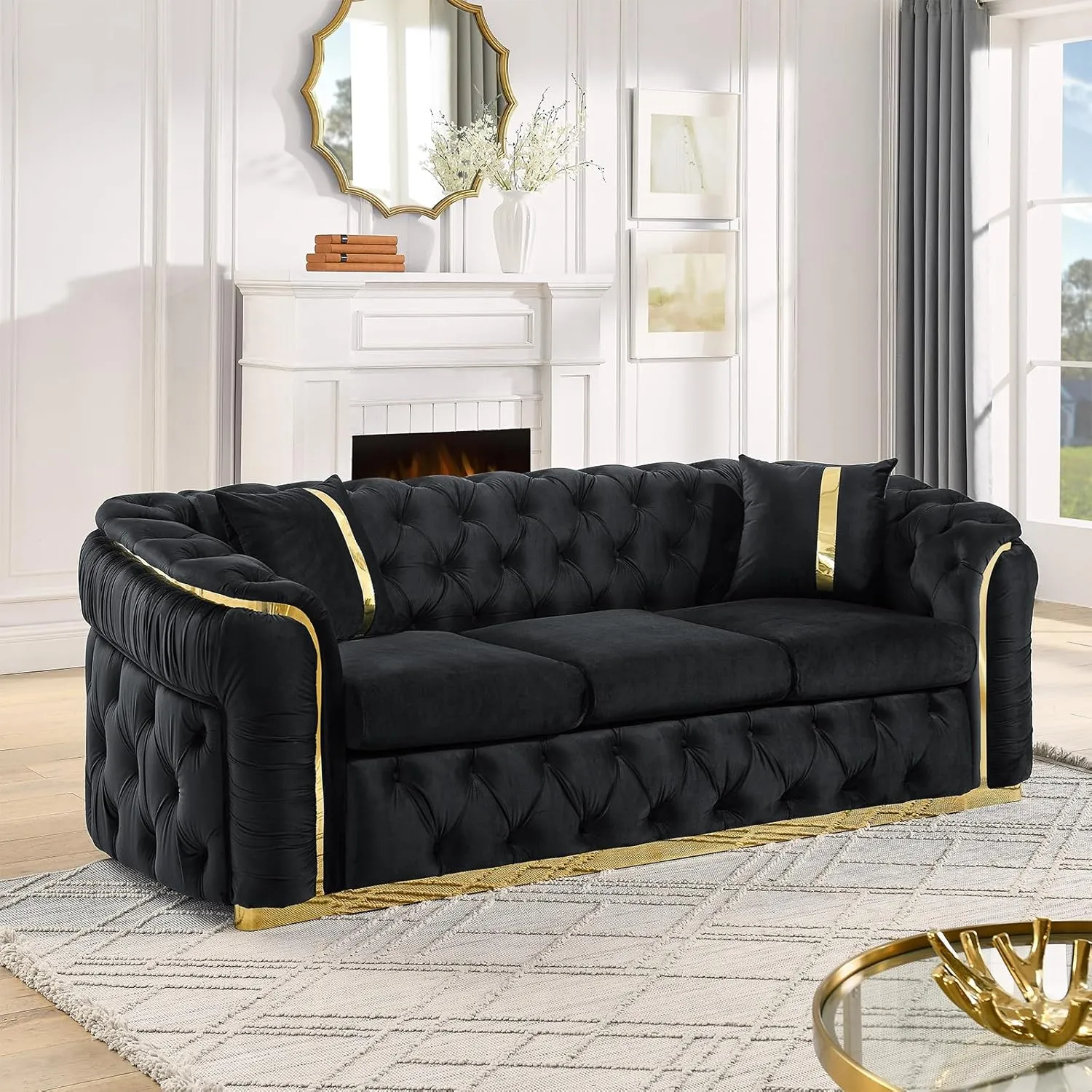91" Velvet Upholstered Luxury Vintage Chesterfield Sofa, Button Tufted 3 Seater Couch Set with Gold Steel, Living Room Furniture, Skirt Design on Curved Armrests with 2 Throw Pillows (Black, 1 PC)