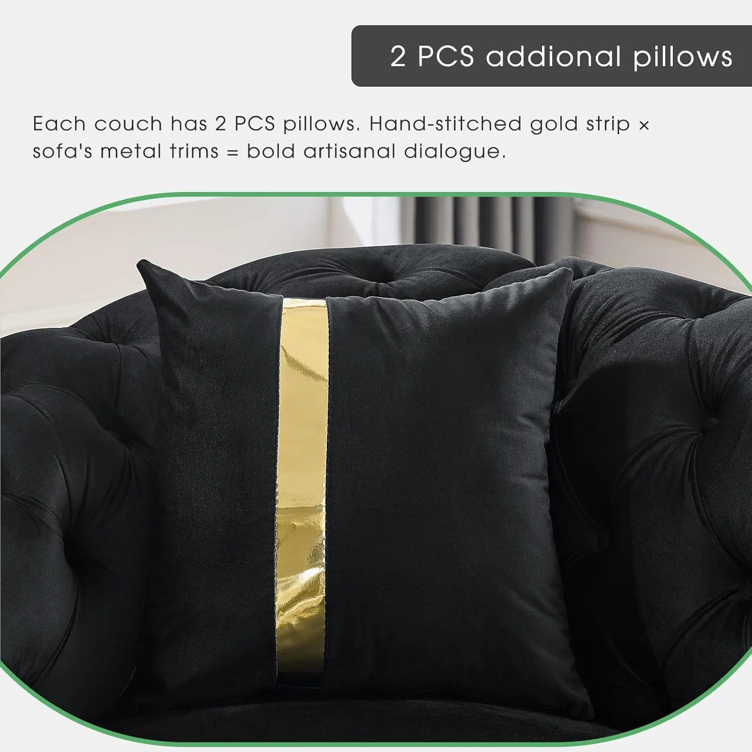 91" Velvet Upholstered Luxury Vintage Chesterfield Sofa, Button Tufted 3 Seater Couch Set with Gold Steel, Living Room Furniture, Skirt Design on Curved Armrests with 2 Throw Pillows (Black, 1 PC)