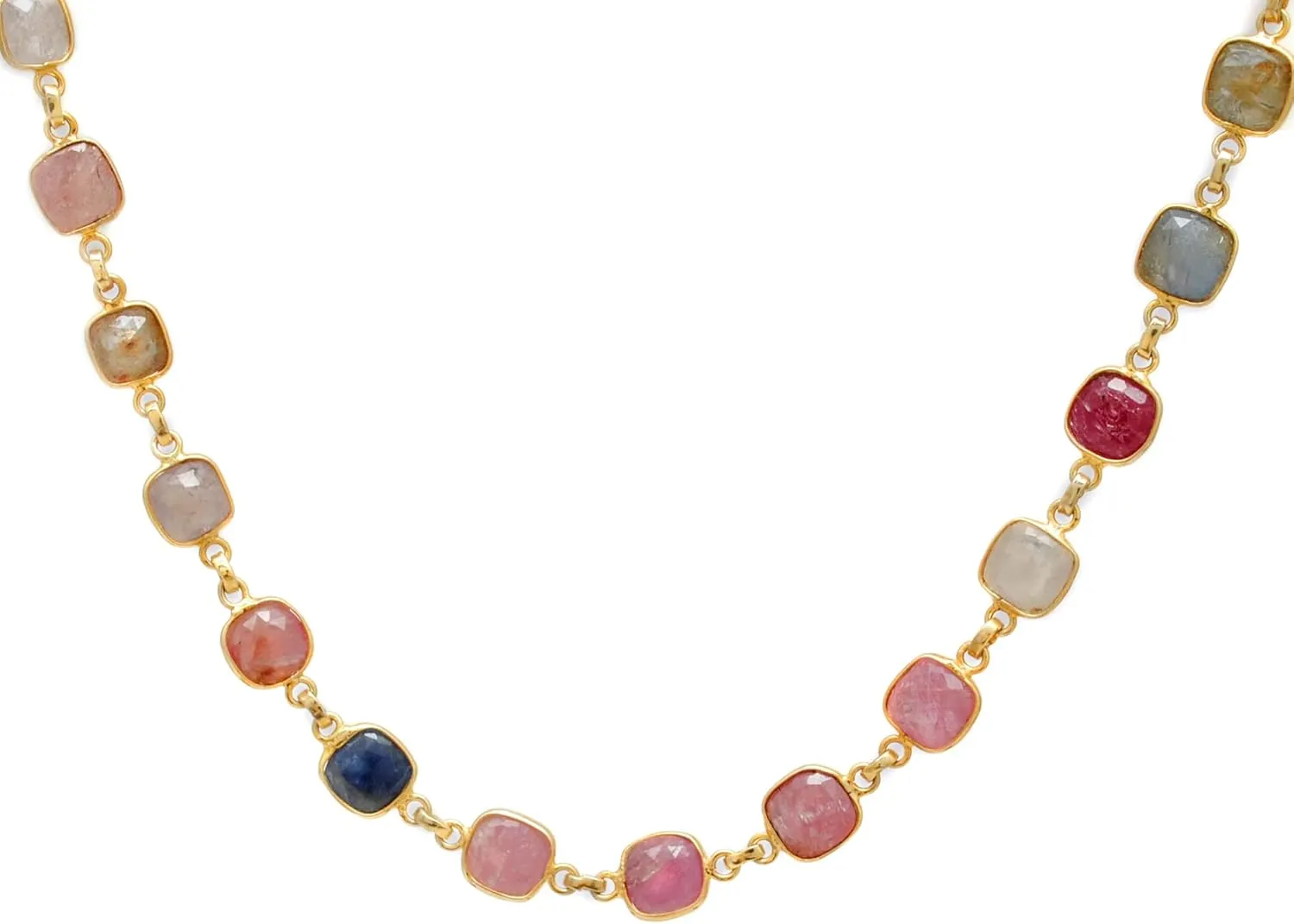 925 Sterling Silver Multi Sapphire Necklace – Natural Cushion-Cut Gemstones, Gold-Plated 26 Inch Fine Jewelry for Women, Birthday Gifts for Her