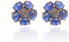 925 Sterling Silver Gold Post Flower Shape Stud Earring 5.48 Carat Sapphire Gemstone 0.24 Carat Brown Diamonds (I2-I3 Clarity) For Women