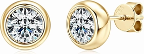 925 Sterling Silver Round Moissanite Stud Earrings for Women & Men, D Color VVS1, Hypoallergenic Bezel Set, 14K Gold Plated, Imitation Diamond Gifts