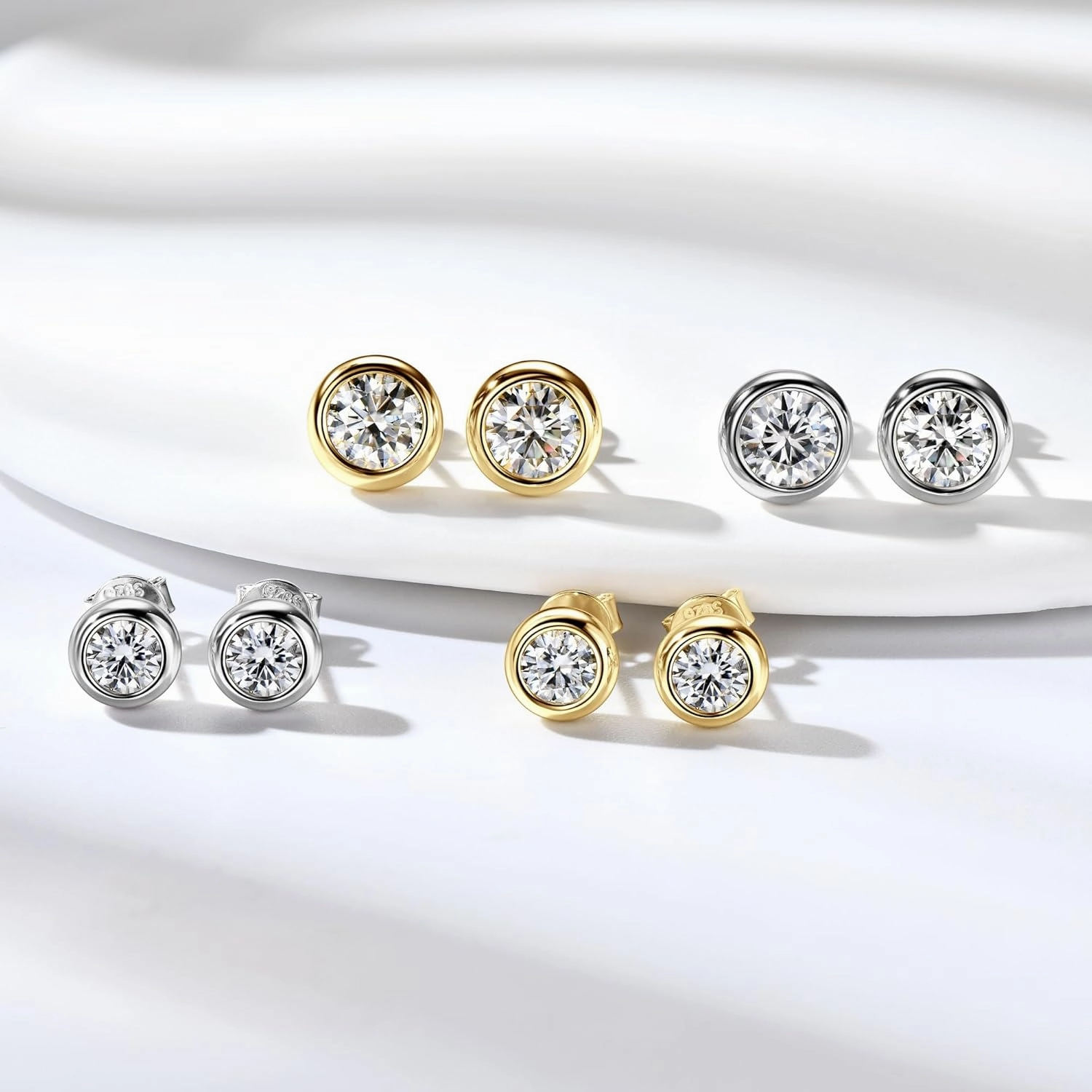 925 Sterling Silver Round Moissanite Stud Earrings for Women & Men, D Color VVS1, Hypoallergenic Bezel Set, 14K Gold Plated, Imitation Diamond Gifts