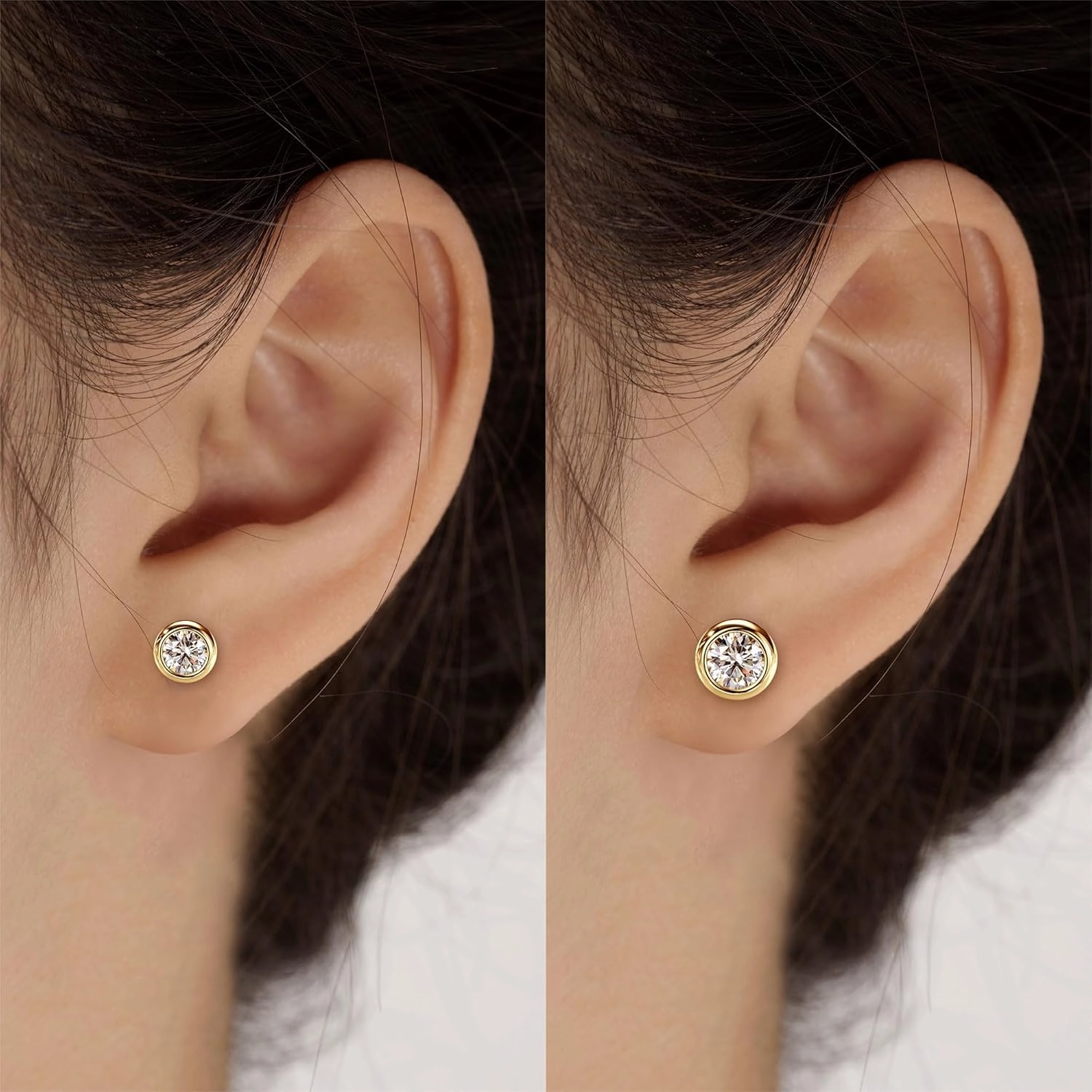 925 Sterling Silver Round Moissanite Stud Earrings for Women & Men, D Color VVS1, Hypoallergenic Bezel Set, 14K Gold Plated, Imitation Diamond Gifts