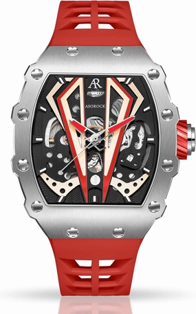 | Silver/red Motorsport V2 | 44mm | Stainless Steel | tonneau Barrel Shape | Rubber Strap | Luminous Hands | Homage Mens Sports Automatic Watch