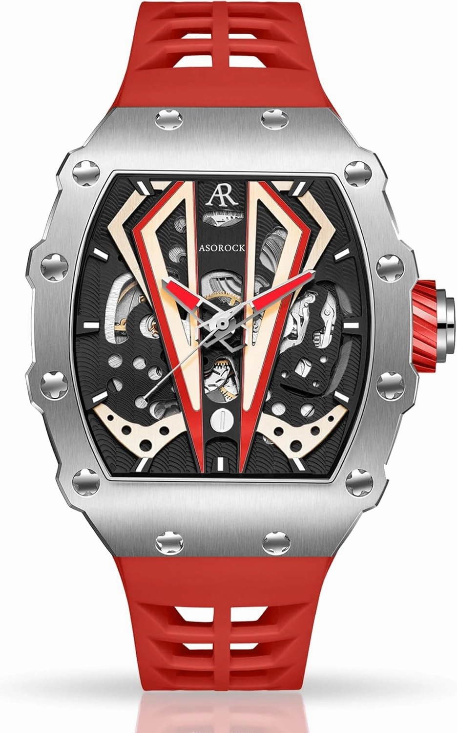 | Silver/red Motorsport V2 | 44mm | Stainless Steel | tonneau Barrel Shape | Rubber Strap | Luminous Hands | Homage Mens Sports Automatic Watch