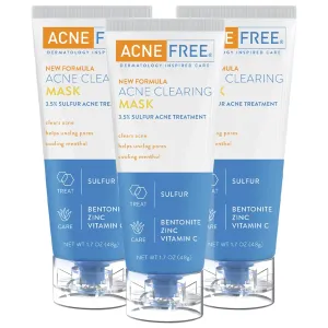 AcneFree Acne Clearing Sulfur Mask Treatment for Clearing Acne, Absorbing Excess Oil and Unclogging Pores with Vitamin C and Bentonite Clay, 1.7 Ounce - Pack of 3