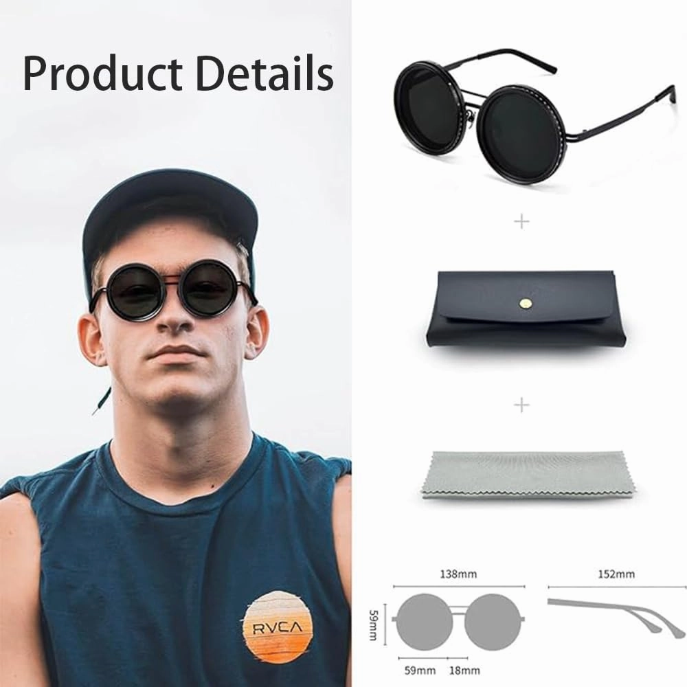 Adjustable Tint Polarized Round Sunglasses, 1-9 Gears Manual Tint Control, with Built-in Nd Filter Lenses