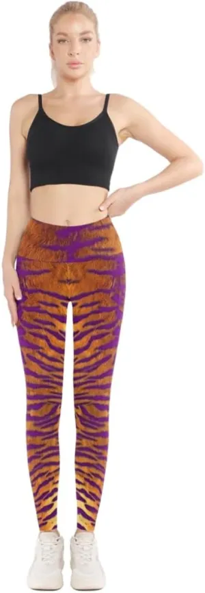Adult Purple and Gold Tiger Stripe High Waisted Leggings/Yoga Pants