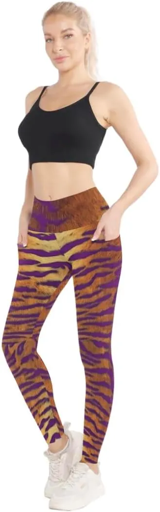 Adult Purple and Gold Tiger Stripe High Waisted Leggings/Yoga Pants