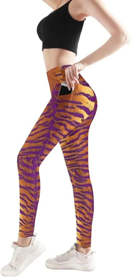 Adult Purple and Gold Tiger Stripe High Waisted Leggings/Yoga Pants