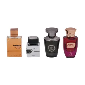 Al Haramain Fragrance Gift Set for Men & Women – 4×10ml each, (Amber Oud Gold Edition   L'aventure   Azlan Oud Charcoal Edition   Destino)