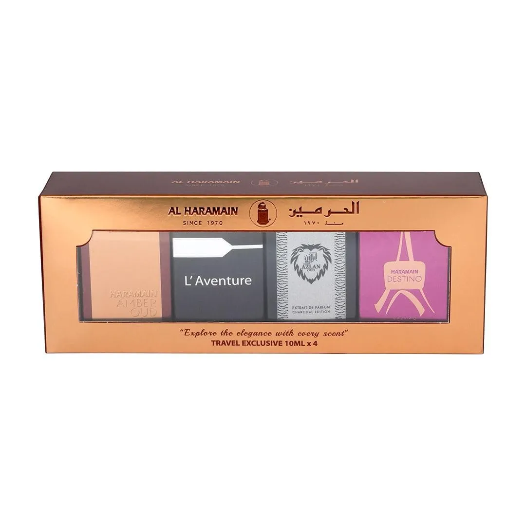 Al Haramain Fragrance Gift Set for Men & Women – 4×10ml each, (Amber Oud Gold Edition   L'aventure   Azlan Oud Charcoal Edition   Destino)