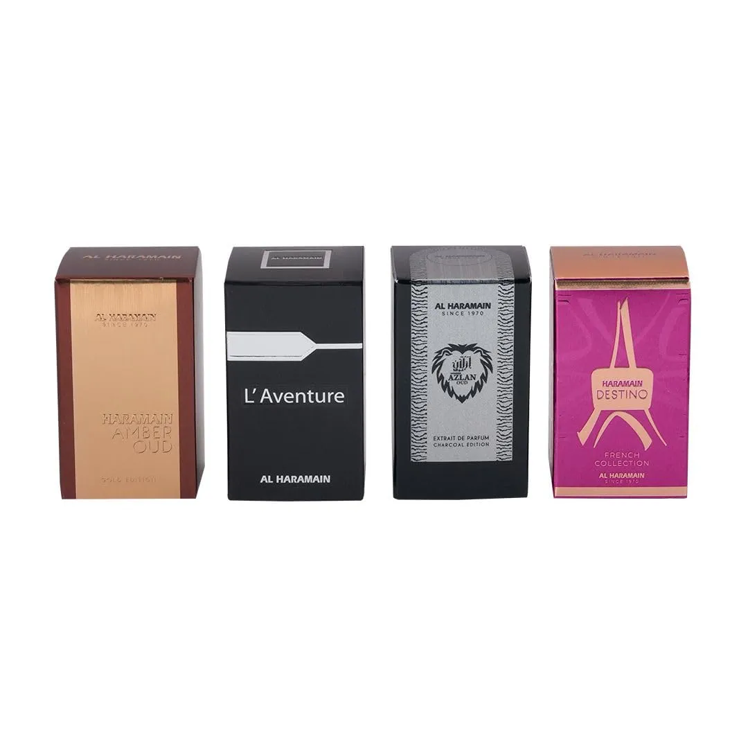 Al Haramain Fragrance Gift Set for Men & Women – 4×10ml each, (Amber Oud Gold Edition   L'aventure   Azlan Oud Charcoal Edition   Destino)