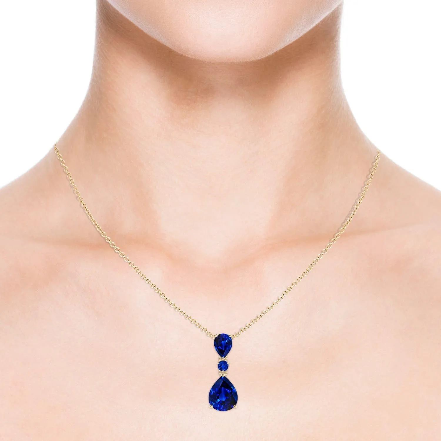 Angara Lab Grown Pear and Round Blue Sapphire Three Stone Pendant in Silver / 14K Solid Gold/Platinum | September Birthstone, Birthday, Engagement, Anniversary, Wedding Jewelry Gift for Women