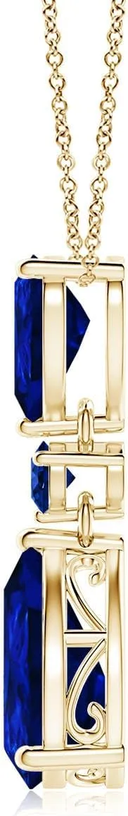 Angara Lab Grown Pear and Round Blue Sapphire Three Stone Pendant in Silver / 14K Solid Gold/Platinum | September Birthstone, Birthday, Engagement, Anniversary, Wedding Jewelry Gift for Women