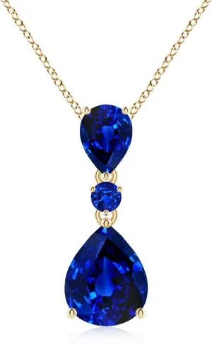 Angara Lab Grown Pear and Round Blue Sapphire Three Stone Pendant in Silver / 14K Solid Gold/Platinum | September Birthstone, Birthday, Engagement, Anniversary, Wedding Jewelry Gift for Women