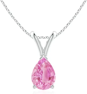 Angara Natural V-Bale Pear-Shaped Pink Sapphire Solitaire Pendant in Silver / 14K Solid Gold/Platinum | Birthday, Engagement, Anniversary, Wedding Jewelry Gift for Women
