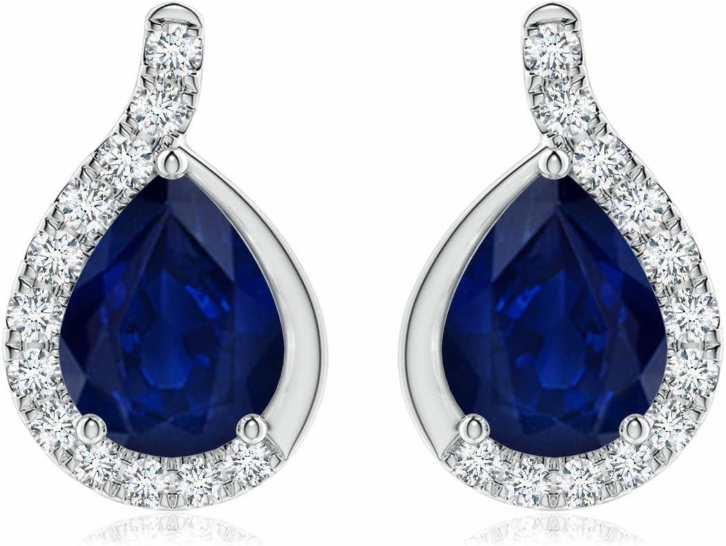ANGARA Natural Pear Blue Sapphire Earrings with Diamond Swirl Frame in 14K Solid Gold/Platinum | September Birthstone, Birthday, Engagement, Anniversary, Wedding Jewelry Gift for Women