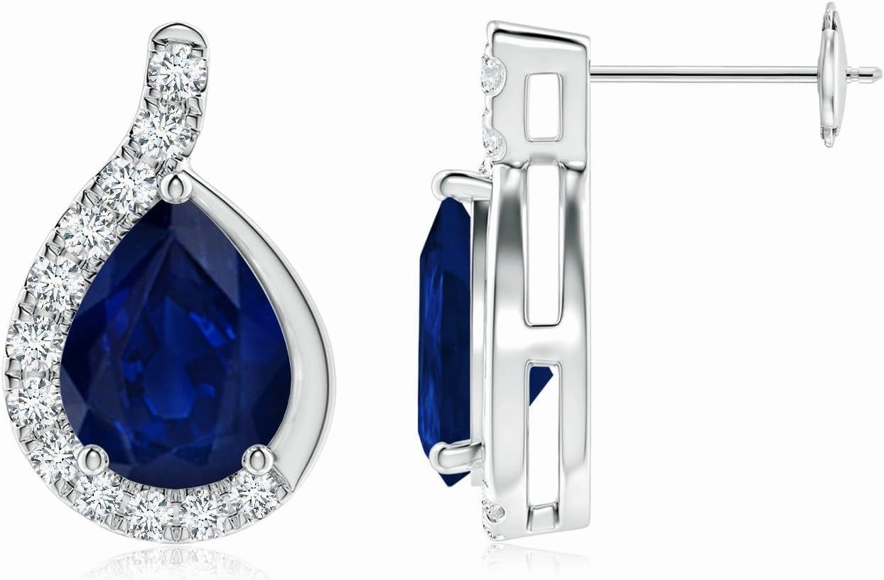 ANGARA Natural Pear Blue Sapphire Earrings with Diamond Swirl Frame in 14K Solid Gold/Platinum | September Birthstone, Birthday, Engagement, Anniversary, Wedding Jewelry Gift for Women