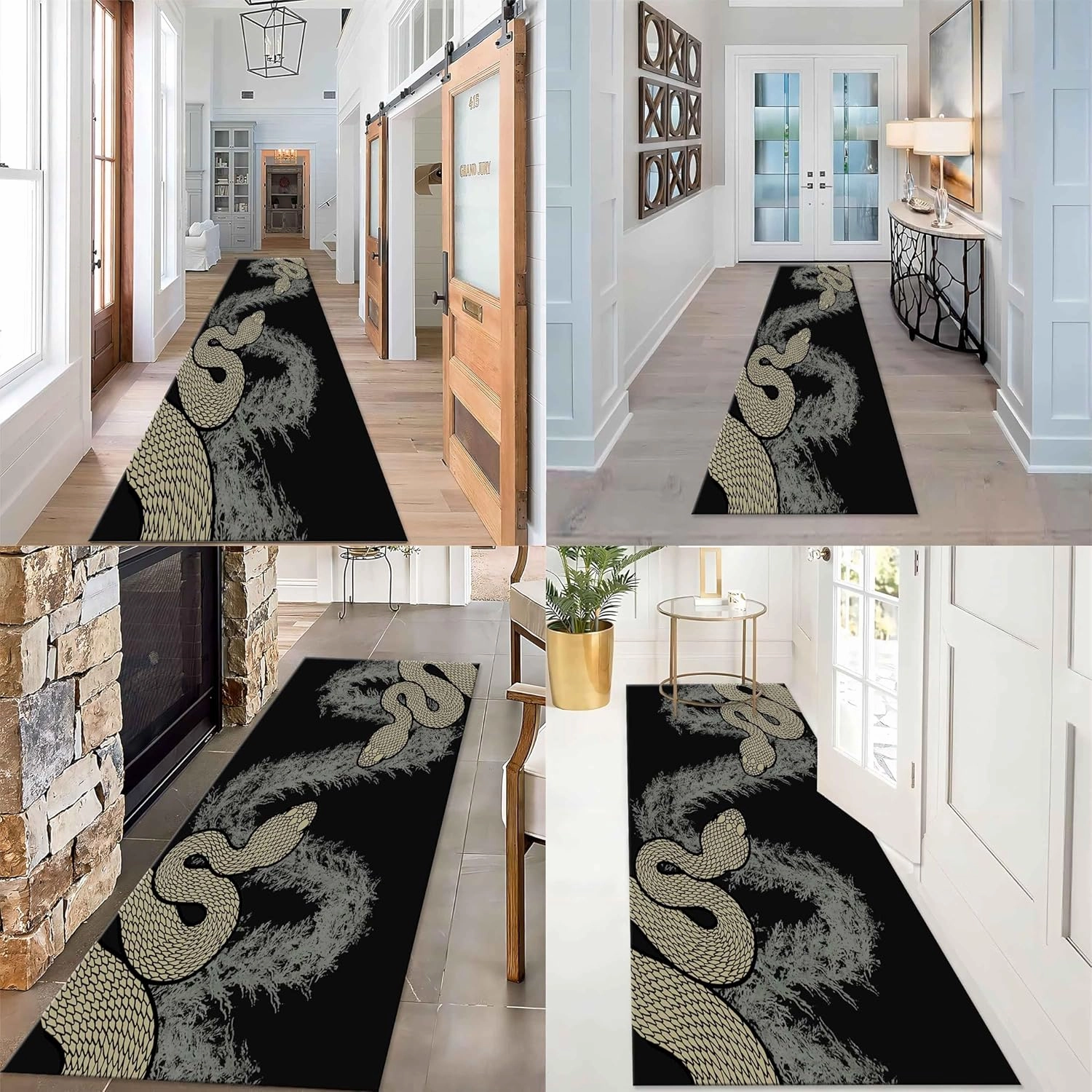 Animal Print Runner Rug, 1.3x7ft, Purple Wildlife Snake Stars Moon and Floral Print Doormat with Moon Phase Sun on Body, Abstract Gold Frame Black Decoration Hallway Carpet for Playroom