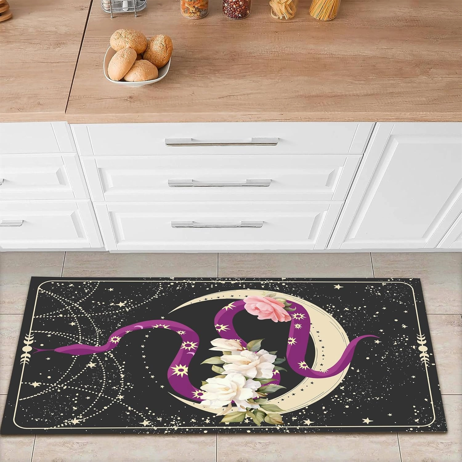 Animal Print Runner Rug, 1.3x7ft, Purple Wildlife Snake Stars Moon and Floral Print Doormat with Moon Phase Sun on Body, Abstract Gold Frame Black Decoration Hallway Carpet for Playroom