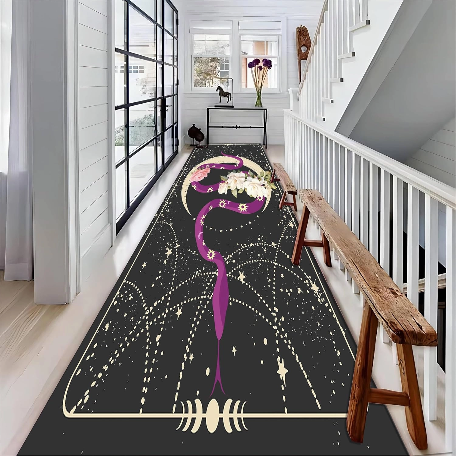 Animal Print Runner Rug, 1.3x7ft, Purple Wildlife Snake Stars Moon and Floral Print Doormat with Moon Phase Sun on Body, Abstract Gold Frame Black Decoration Hallway Carpet for Playroom