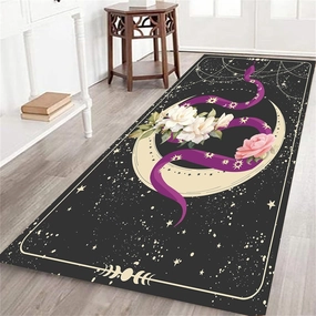 Animal Print Runner Rug, 1.3x7ft, Purple Wildlife Snake Stars Moon and Floral Print Doormat with Moon Phase Sun on Body, Abstract Gold Frame Black Decoration Hallway Carpet for Playroom
