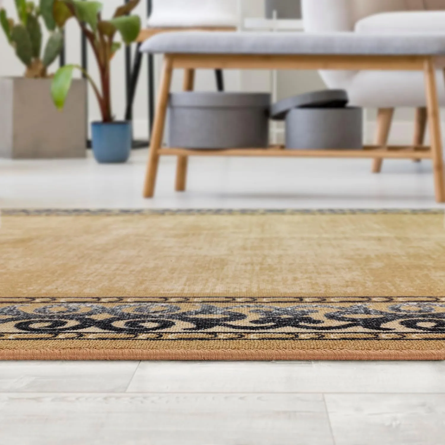Antep Rugs Alfombras Bordered Modern 8x10 Non-Slip (Non-Skid) Low Pile Rubber Backing Indoor Area Rug (Gold Brown, 7'10" x 10')