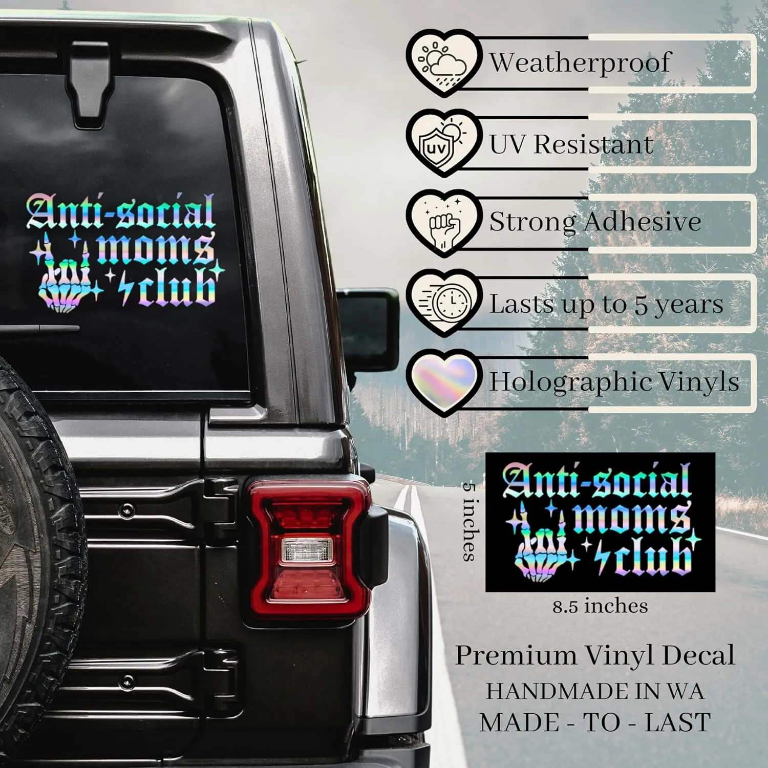 Anti-Social Moms Club Car Decal, Moms Club Sticker, Mom Life, Alt Babe, Car Decals for Trucks, Automobiles, RV's, Christmas Gifts, Stocking Stuffer, Car Decals for Her (Silver Holographic)