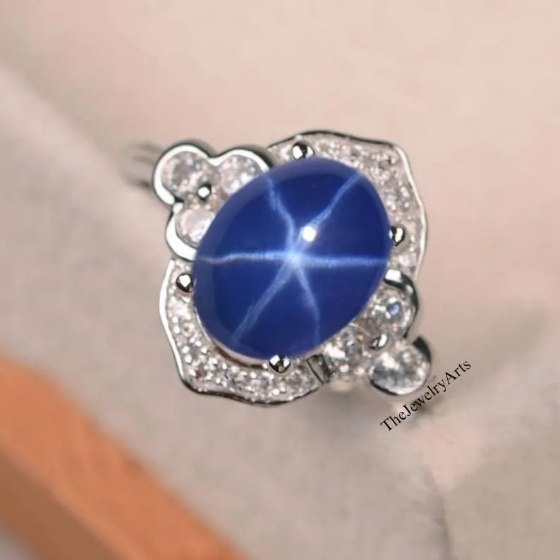 Art Deco Lindy Star Sapphire Ring, 6-Ray Genuine Blue Star Sapphire, 925 Sterling Silver Vintage Engagement & Wedding Ring