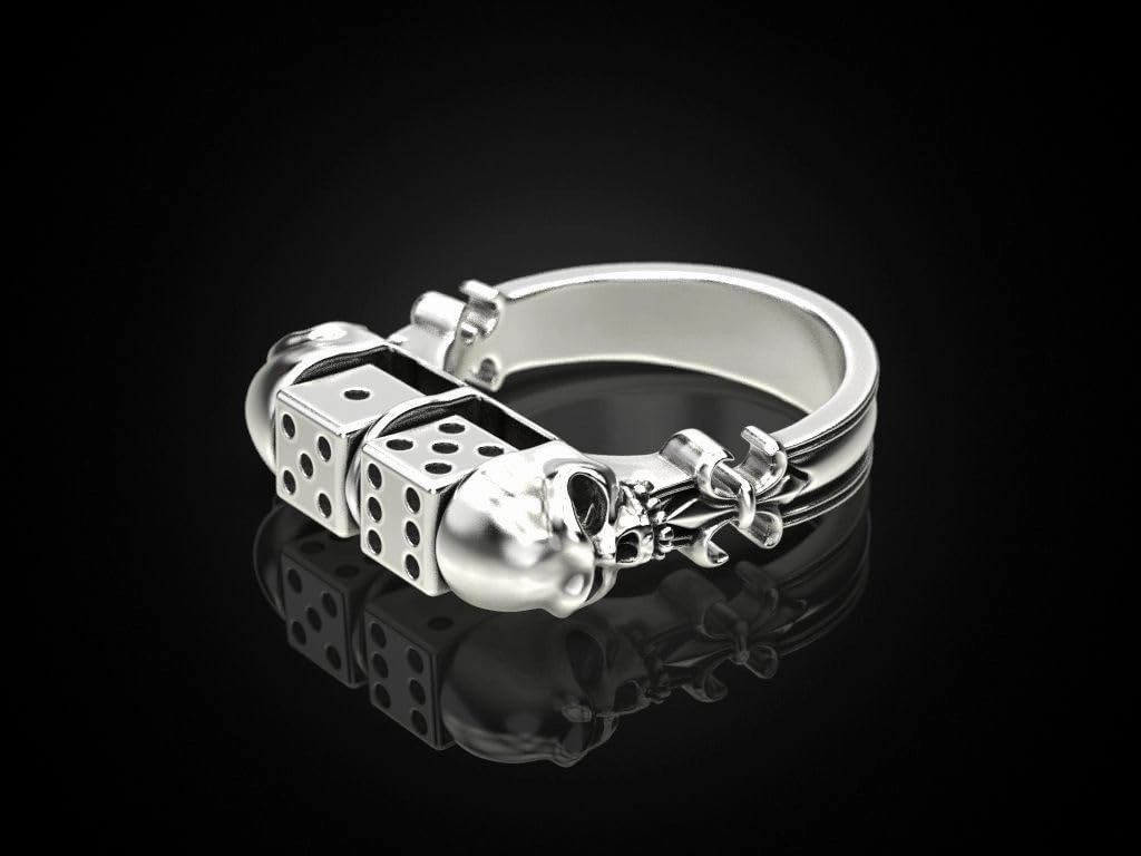 Art Deco Heraldic Lily Symbol Two Human Head Skull Ring 14K Gold Plated Two Dice Skull Rider Ring Solid 925 Sterling Silver Handmade Gothic Fantasy Costume Halloween Jewelry Gift For Him