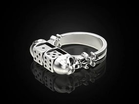 Art Deco Heraldic Lily Symbol Two Human Head Skull Ring 14K Gold Plated Two Dice Skull Rider Ring Solid 925 Sterling Silver Handmade Gothic Fantasy Costume Halloween Jewelry Gift For Him