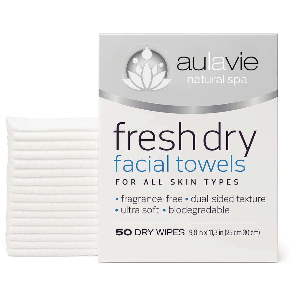 AULAVIE Fresh Disposable Face Towels, XL Self Care Dry Cleansing Cloth for All Skin Types, Ultra Soft Makeup Remover Wipes, Dry Towelettes for Acne and Skincare, Biodegradable; 10"x12" - 50 Wipes