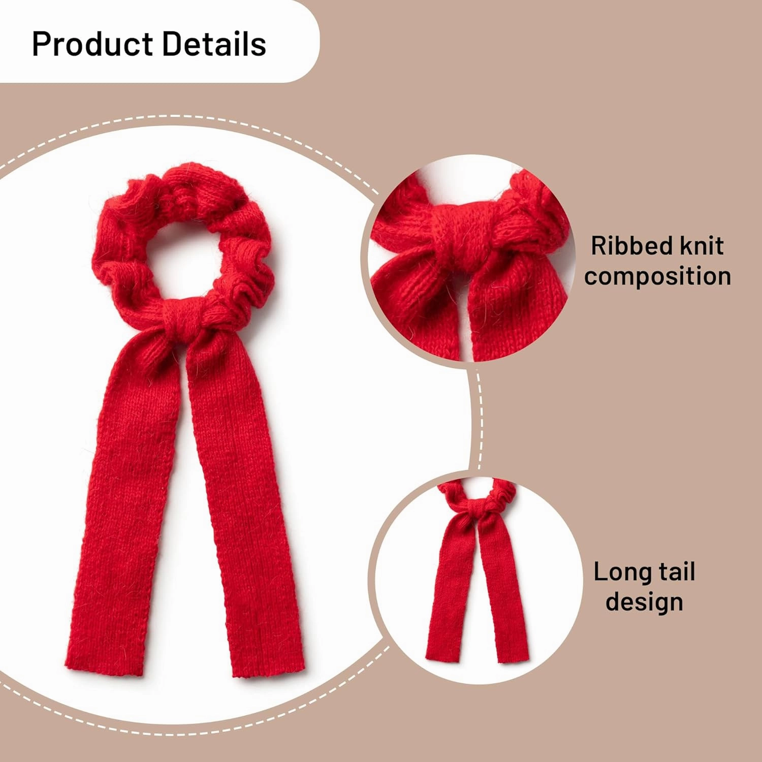 Avery Ribbed Knit Long Tail Scrunchie - Red | Soft Ribbed Fabric with Flowing Tails | Perfect for Ponytails & Buns | Stylish Everyday Accessory