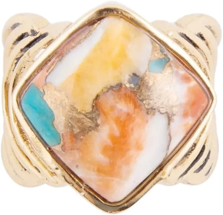 Barse Jewelry Arrows Blue Turquoise and Orange Spiny Oyster Matrix Golden Ring