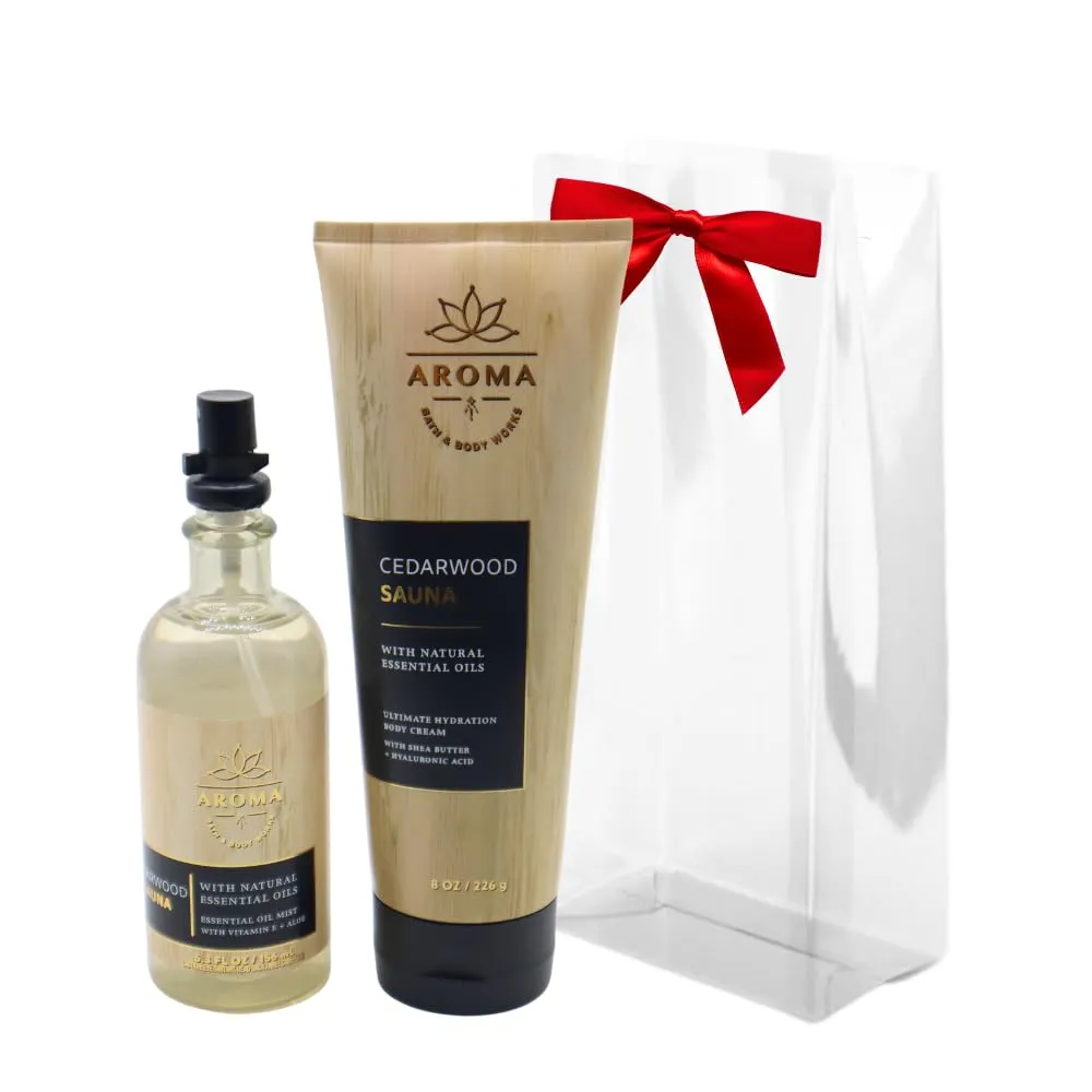 Bath & Body Works Aroma CEDARWOOD SAUNA Essential Oil Mist & Body Cream 2-piece Gift Set with a Red Bow for Holidays – Full Size