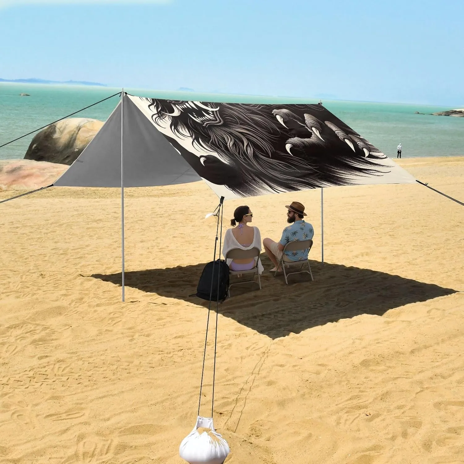Beach Tent Canopy Outdoor Patio Sun Shade 9.2 × 10.5 FT Shadow Black Mythic Beast Portable Camping Shelter Family Wind Sail Shade with Anchor Poles Easy up