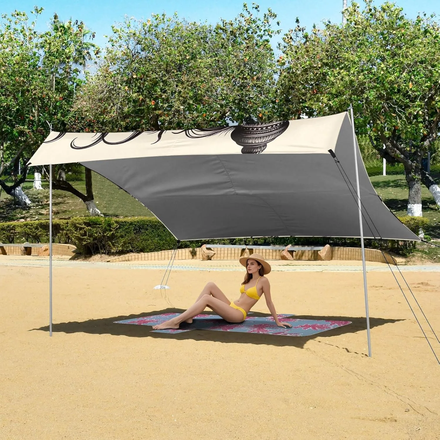 Beach Tent Canopy Outdoor Patio Sun Shade 9.2 × 10.5 FT Shadow Black Mythic Beast Portable Camping Shelter Family Wind Sail Shade with Anchor Poles Easy up