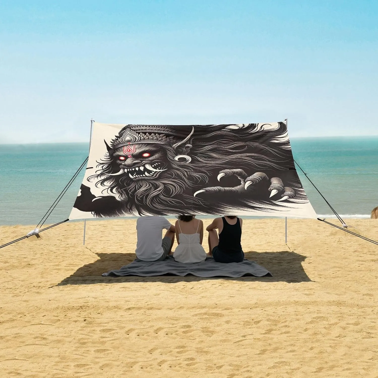 Beach Tent Canopy Outdoor Patio Sun Shade 9.2 × 10.5 FT Shadow Black Mythic Beast Portable Camping Shelter Family Wind Sail Shade with Anchor Poles Easy up