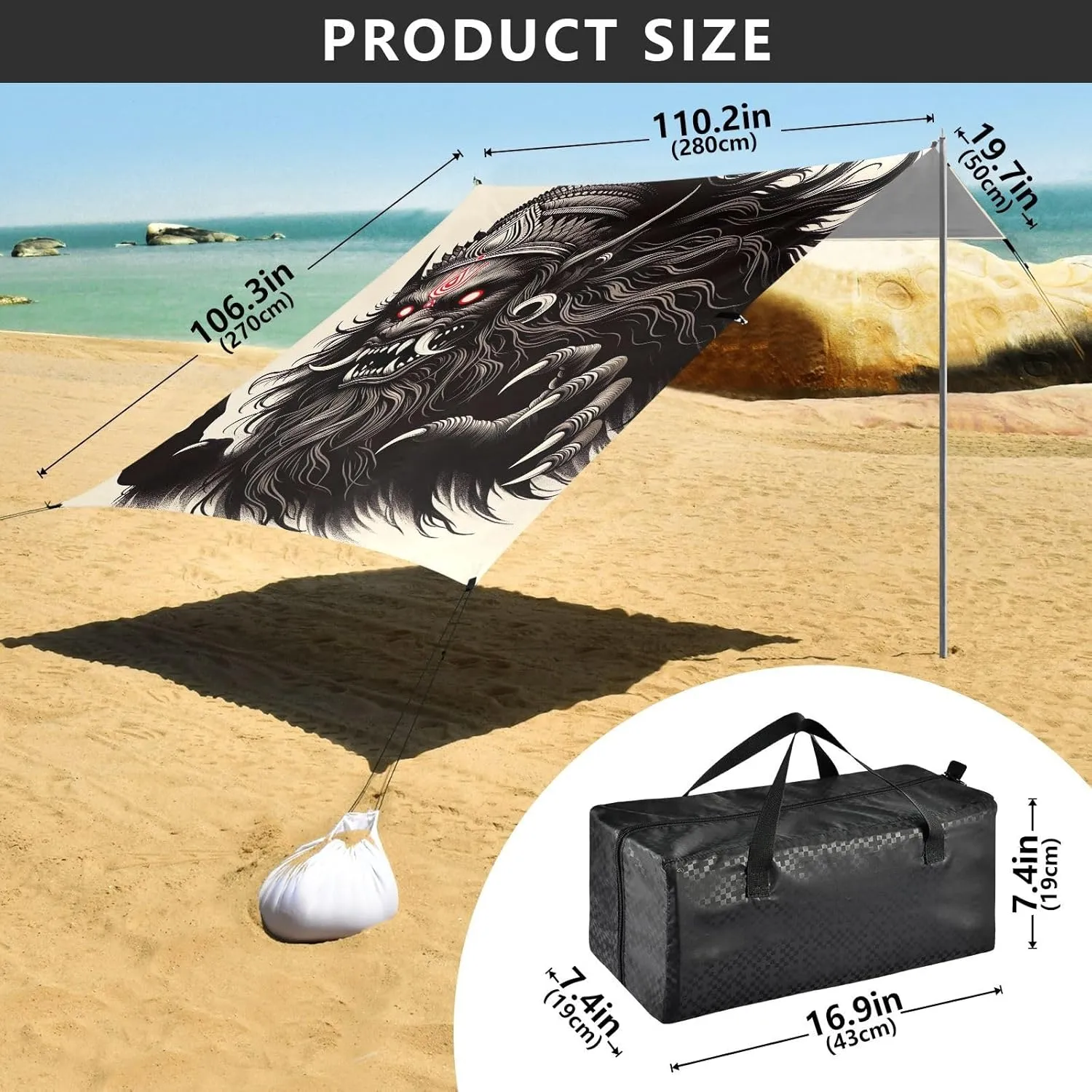 Beach Tent Canopy Outdoor Patio Sun Shade 9.2 × 10.5 FT Shadow Black Mythic Beast Portable Camping Shelter Family Wind Sail Shade with Anchor Poles Easy up