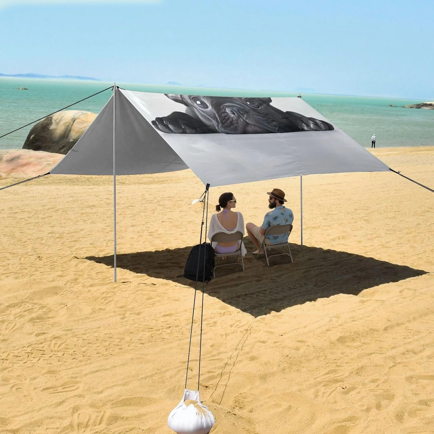 Beach Canopy Tent Adorable French Bulldog Puppy Outdoor Patio Sun Shade 9.2 × 10.5 FT Floral Camping Sun Shelter Yard Sunshade with Sand Anchor Poles