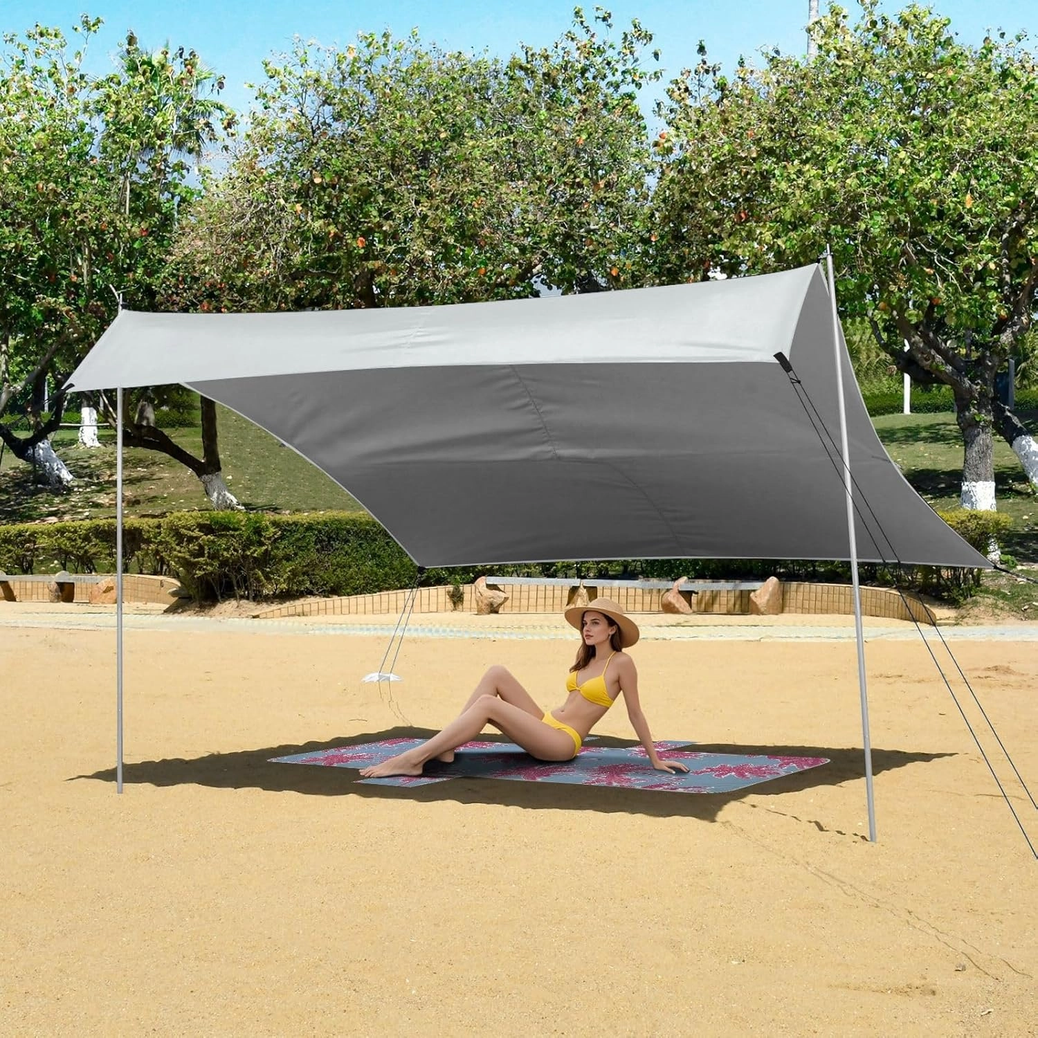 Beach Canopy Tent Adorable French Bulldog Puppy Outdoor Patio Sun Shade 9.2 × 10.5 FT Floral Camping Sun Shelter Yard Sunshade with Sand Anchor Poles