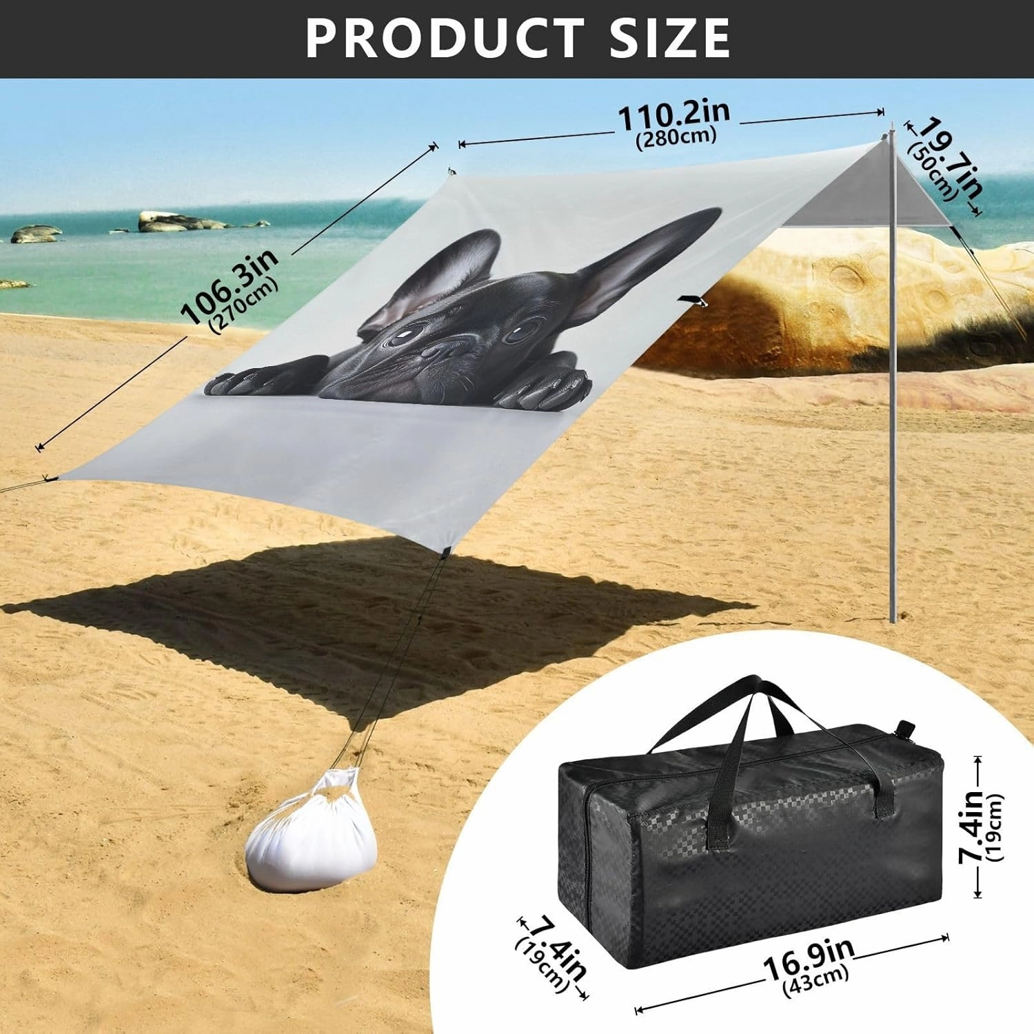 Beach Canopy Tent Adorable French Bulldog Puppy Outdoor Patio Sun Shade 9.2 × 10.5 FT Floral Camping Sun Shelter Yard Sunshade with Sand Anchor Poles