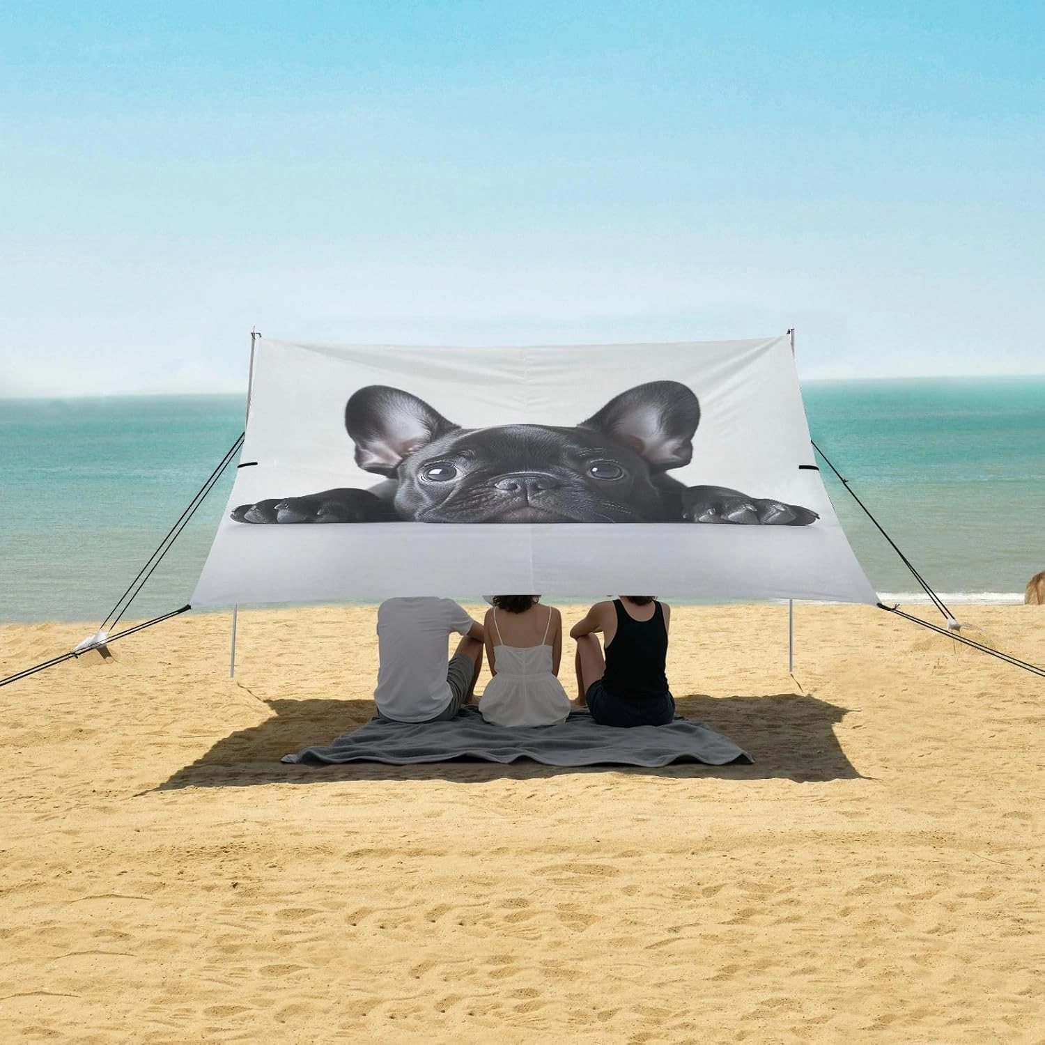 Beach Canopy Tent Adorable French Bulldog Puppy Outdoor Patio Sun Shade 9.2 × 10.5 FT Floral Camping Sun Shelter Yard Sunshade with Sand Anchor Poles